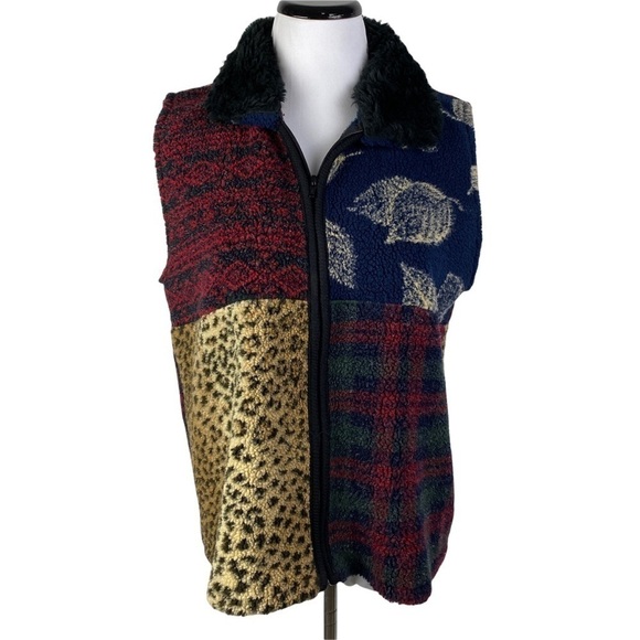 Tally Ho Vintage Multi Patterned Full Zip Faux Fur Collar Sweater Vest Women's M - Picture 1 of 8